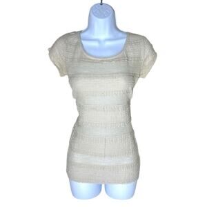 GUESS Y2K Top Cream Fitted Mesh Lace Sheer Sz M Romantic Coquette Blouse Stretch